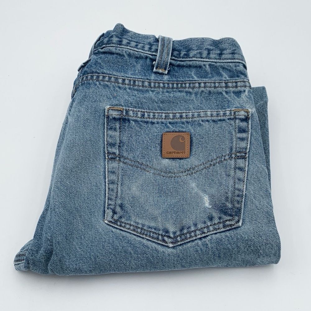 Carhartt Men's Light Blue Denim work wear distressed and worn in size 32x32